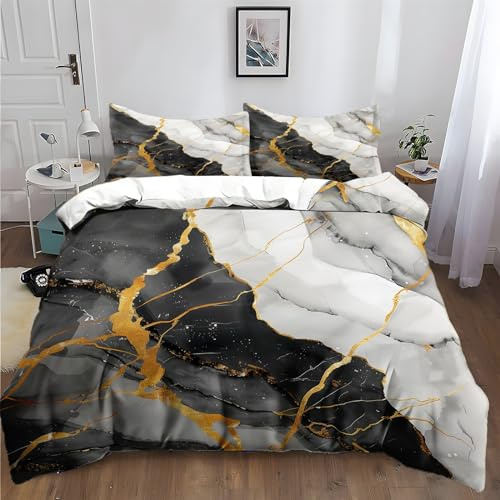 XCQHZYQ Bettwäsche 155x220 cm Marmor Grau Weiß Bettwäsche-Set Gebürstet Baumwolle Polyester 1 Bettbezug + 2 Kopfkissenbezug 80x80cm mit Reißverschluss