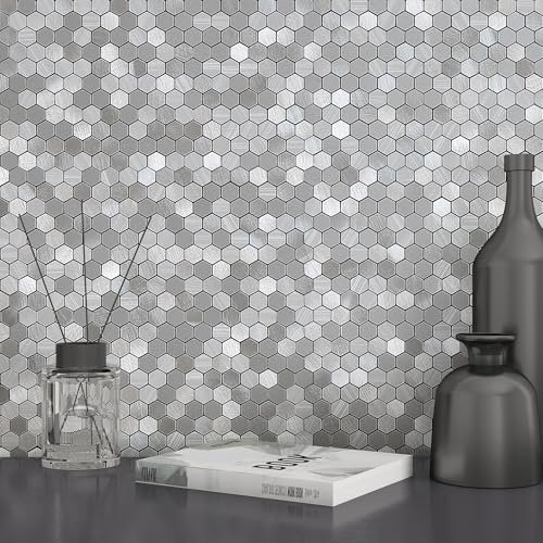 M MOFIT Small Metallic Stick on Tiles Hexagon Self Adhesive Mosaic Wall Stickers Kitchen Bathroom Splashback Fireplace(Grey,5 Sheets)