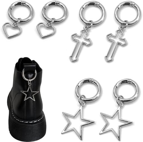Niuhong 6pcs Schmuck Schuhanhänger Stiefel Schuhschnalle Punk Federring Schuh Dekoration Stern Cross Herzen Mit O Ring Schnallen Cool Schuh Schnalle DIY Schlüsselanhänger Tasche
