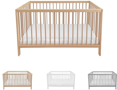 Lantigo Babybett 120x60 cm Naturbelassen Gitterbett Buchenholz Massivholz Kinderbett mit Lattenrost höhenverstellbar 9 Stufen für Neugeborene und Kleinkinder, ohne Matratze