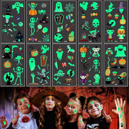 100+ Halloween Tatouage Enfant Feuilles Lumineux Tatouage Ephemere Stickers Enfant pour Halloween Decoration Tatouage Halloween pour Décoration Fête Halloween