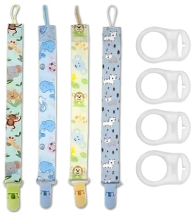 Kina - Catenella Portaciuccio Atossica Senza BPA - 4 Fantasie Catenella Ciuccio con Clip Sicura e Porta Ciuccio Lavabili in Lavatrice con 4 Adattatori