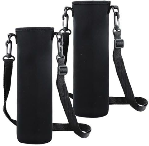 Anseom 2 Piezas Estuche para Botellas de Neopreno, 8 × 25 cm 1500ML Portabotellas de Agua Titular Desmontable Botella Bolsa De Transporte Bolsa con Correa para El Hombro para Al Aire Libre (Negro)