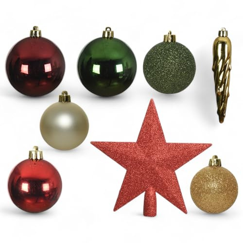 MIJOMA 33-teiliges Weihnachtskugel Set – Christbaumschmuck aus bruchfestem Kunststoff – Hängender Weihnachtsschmuck mit 29 Kugeln & 3 Eiszapfen – Dekorative Weihnachtsornamente (Rot-Grün-Gold)