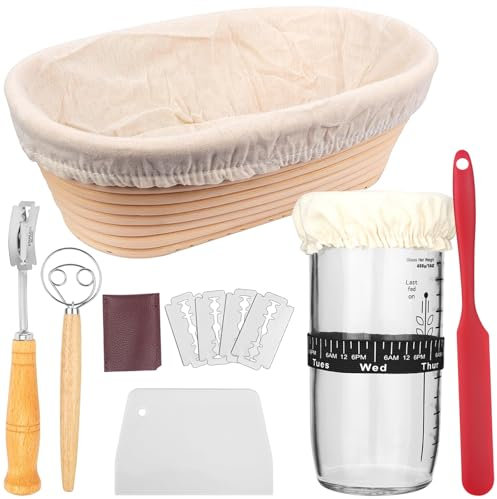 CTDMJ Gärkörbchen, Gärkorb Oval, 24 OZ Sauerteig Starter Jar mit Datum markiert Fütterung Band Brotkorb, Sauerteig Starter Kit Sauerteig Starterglas Set für Professionelle Häusliche Bäcker Brotbacken