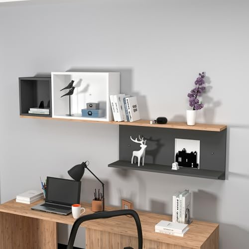 Stylish Wall Shelf, 180 cm Wide, Atlantic Pine & Anthracite/White | 100% Melamine Coated Particle Board, 18 mm Thick | Perfect for Modern Home Decor