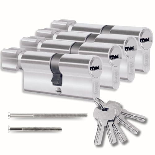Lot de 4 Cylindres pour Serrures 45/45 mm avec Clé Unique - Bouton, 8 Vis, Montable Facilement - Clés Universelles pour Tous les Cylindres, Longueur 90 mm