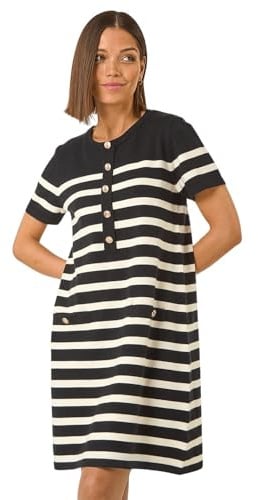 Roman Originals Knitted Button Detail A-Line Dress for Women UK - Ladies Everyday Autumn Winter Round Neckline Comfy Soft Evening Vacation Work Party Night Out