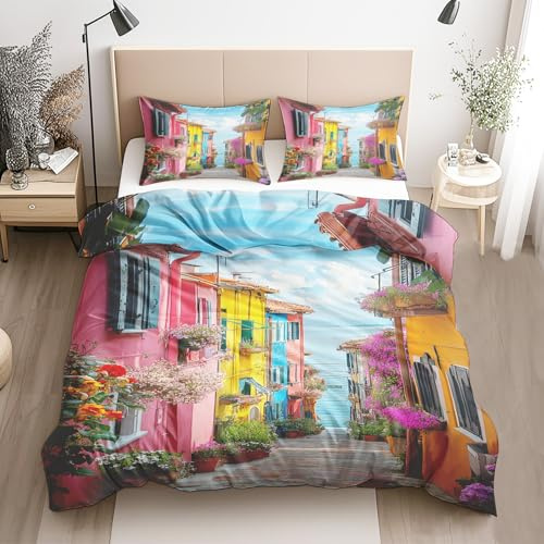 Qfpryzius Bettwäsche 135x200 2teilig Italien, Wende Bettwäsche-Set Blume Mediterrane Landschaft Bettbezüge, Bettbezug Mikrofaser mit Reißverschluss und 1 Kissenbezüge 80x80 cm