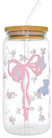 Huipalon Aesthetic Glass Cups with Lids and Straws 16 Oz Cute Bow Coffee Cups Pink Glass Cup Transparent Cute Bow Cups Gifts for Women Girls Friends