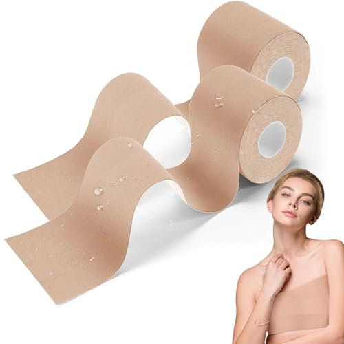 YUZHEDM 2 Rollen Kinesiotapes, 5m×5cm Body Damen Tape Kinesiologie Tape Hautfarben für Rückenfrei Trägerlose Abendkleider Ballkleid oder Hochzeitskleid Unsichtbarer BH Fashion Tape