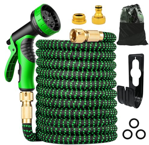 Magic Hose Expandable Flexible Garden Hose, 100FT with 7-Pattern Professional Spray Nozzle Gun, Metal Connectors for Car Washing, Gardening, Watering (Green Black)