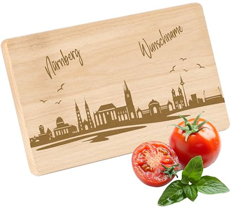 Gravur-Max Frühstücksbrettchen mit Skyline Gravur Nürnberg – personalisierbar mit Wunschname – Personalisiertes Holz Schneidebrettchen, 22x12x1 cm, Unbehandeltes Buchenholz – ideal als Geschenk