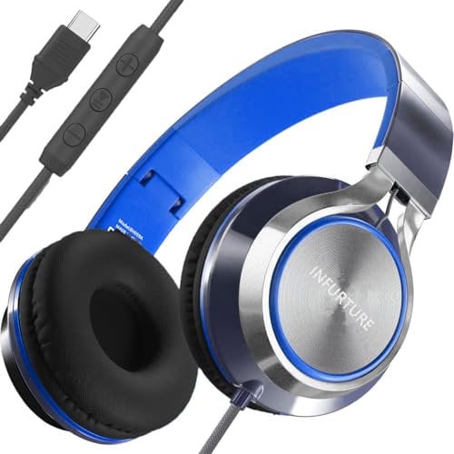 INFURTURE USB C(Type C) Wired Headphones with Mic & Volume Control, Only 191g Lightweight Foldable for Smartphone/Tablet, Plug-in Corded Headphone Over Ear (Blue