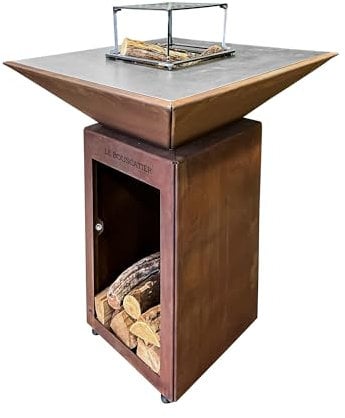 Brasero Plancha en Acier Corten – Barbecue Exterieur avec Rangement Bûches – Design Jardin Terrasse – Modèle Lou Provençau – Grille de Cuisson et Stop Food Inclus - kit allumage Offert