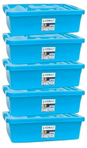 LUNEX 30 Litre Large Underbed Storage Trans Blue Box and Lid - Pack of 5 - Made In U.K.