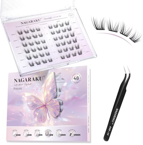 NAGARAKU Cils Auto-Adhésifs avec Pince 48 Fans Self Adhesive Lash Monobloc Flocons Fins Sans Dissolvant De Colle À Presser Réutilisables Naturel Papillon Eyelash Avec Effet Eyeliner (C Curl Princess)
