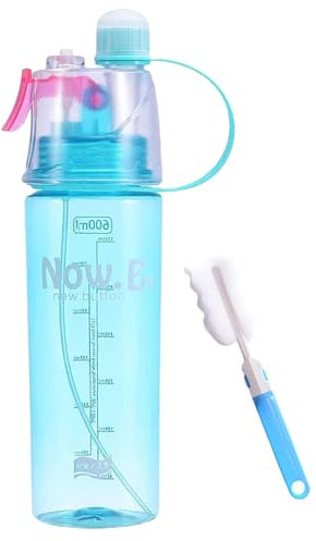 Spray Water Bottle, 600ml Mist Function Cycling Water Bottles with Straw, Leak-Proof Hydration Drinking Bottles with Cleaning Brush, Portable Misting Sports Bottle for Outdoor Hiking Fitness (B)