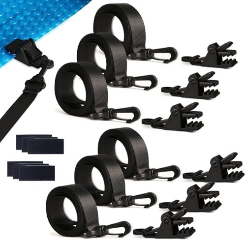 Sangle Enrouleur bache Piscine, Lot de 6/8 Sangles de Protection pour bâche de Piscine, Enrouleur de Piscine, Lot de 6/8 Bandes de Fixation et Pinces, Accessoires de Piscine (Lot de 6 pièces)
