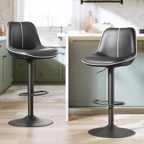 VASAGLE Lot de 2 Tabourets de Bar, Pivotants, Réglables en Hauteur, Cuir PU | Dossier Ergonomique, Base Métallique, Modernes, pour Îlot de Cuisine, Bar, Noir d'Encre, Collection LYNA LJB168B01