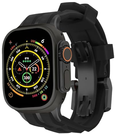 RACINGPREMIUM]Für AppleWatch Ultra1/2/S10/S9/S8/S7,Belgisches Originaldesign,Edel-Fluorelastomer AppleWatch Armband,Edelstahl/Titan(Für AppleWatch44/45/46/49mm,Dark·Racing Schwarz)