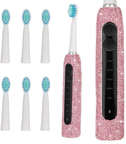 Veseek Diamond Sonic Electric Toothbrush Bling Rechargeable Toothbrushes for Adults with 6 Brush Heads Vibrating Toothbrush-5 Modes, USB-C Fast Charge,2Min Smart Timer,IPX7 Waterproof(Pink)