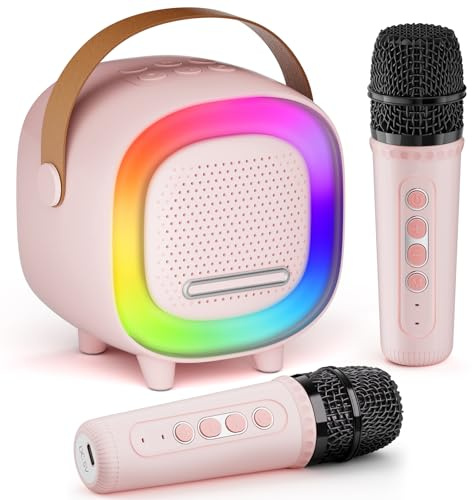 Mini Máquina de Karaoke para Niños y Adultos 5 Efectos Voz 6 Modos Luz | Altavoz Portátil con Conexión Inalámbrica y 2 Micrófonos, Regalo Ideal para Cumpleaños, Reyes Magos y Navidad