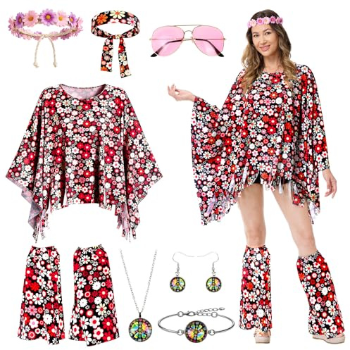 PATEMZON Hippie Kostüm Damen, 8 Stück Hippie Kleidung Poncho Damen, 60er 70er Jahre Faschingskostüme Hippy mit Halskette, Ohrringe, Stirnband, Sonnenbrillen für Karneval Fasching Mottoparty Halloween