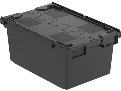 Solent Plastics 1 x Large BLACK Heavy Duty Attached Lid Storage Box - 80 Litre Capacity (71 x 46 x 36.8cm)