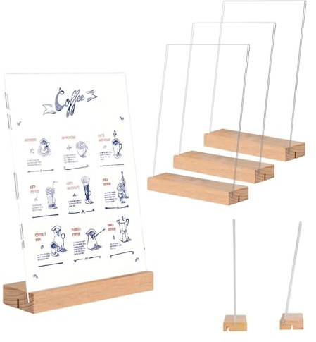 Dwitkul Lot de 6 Porte Affiche A6 Présentoir A6 Transparent Support Affiche Présentoirs de Table A-6 en Acrylique Porte Menu A-6 Supports D'affichage Transparents avec Base en Bois L&T