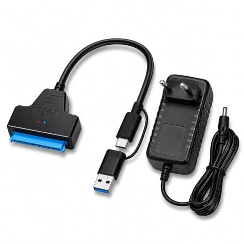 Adaptador SATA a USB 3.0 y Type-C con Fuente de Alimentación, Cable SATA a USB para Disco Duro Externo HDD/SSD de 2.5 y 3.5 Pulgadas, 5Gbps Alta Velocidad, Compatible con Windows, Mac, Linux