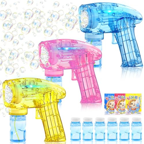 KOHRIUK Pistola de Burbujas para Niños Automática Máquina Pompas de Jabon Niños Equipado 6 Botellas, 3 Bolsas Ideal para Cumpleaños, Bodas y Juegos al Aire Libre