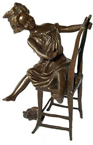 Bronzefigur, Bronze Skultur, Kind mit Katze unterm Stuhl, Bronze Sign. Iffland