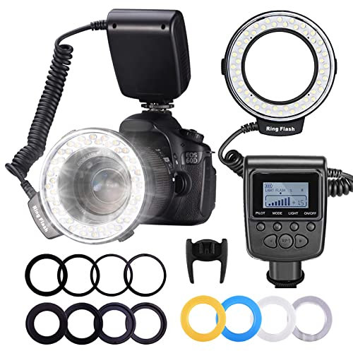 Neewer 48 Makro LED Ringblitzleuchte Set für Canon/Nikon/Panasonic/Olympus/Pentax SLR Kamera (Makro Ring Kopf, Leistungsregler mit LCD Anzeige, 4X Blitz-Diffusor, 8X Adapterring)