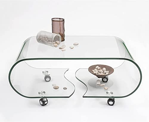 Homely - Mesa de Centro de Cristal Curvado de una Pieza con Ruedas Coffee, de 90x50x39,5 cm (Transparente)