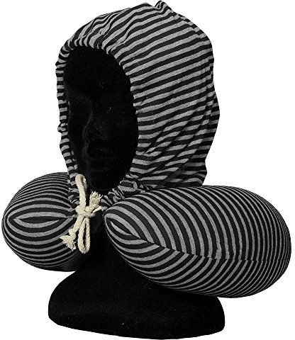 Nackenkissen mit Kapuze und Kordel/Maße ca.30x30cm / mit und ohne Kapuze tragbar/aus Polyester, Fütterung mit Styroporkügelchen/Farbe grau gestreift / Trendyshop365