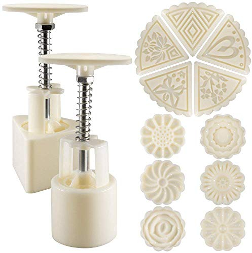 Moule à Lune Gâteau Mooncake, Lot de 2 Presse à Biscuit en Forme de Fleur et Triangle avec 11 Motifs, Ustensiles pour Décoration de Gâteau Cuisson - Blanc