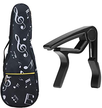 21 in Ukulele-Tasche, wasserdicht, Oxford-Musiknoten-Tasche, Schulter-Rucksack, verstellbare Gurte mit Ukulele-Kapodaster mit Ukulele Capo(schwarz)