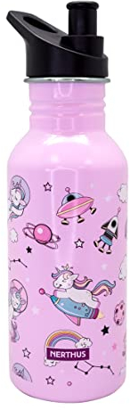 NERTHUS FIH 807 - Botellín de agua infantil a prueba de fugas, Botella de agua para niños con Dibujos de Unicornios color ROSA, 500 ml