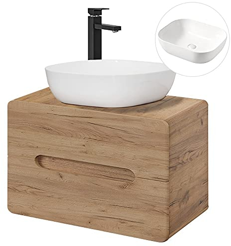 Lomadox Badezimmermöbel Waschtisch Set mit 80 cm Unterschrank Keramik AUfsatz-Waschbecken, Wotan Eiche Nb. Dekor, 2 Softclose-Schubkästen