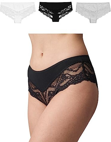 Snocks 3er Pack Hipster Lace - Damen Baumwolle Panties mit Spitze - Unterhose Damen Slip - Gr. XL - Farbe Mix (White/Grau/Schwarz)