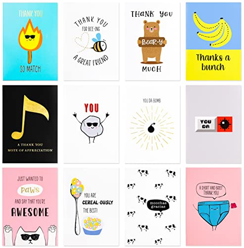 【12 Pack】 Large Funny Thank You Cards – Big Size 5 x 7 Inch – Appreciation Cards and Pun Cards Printed on Premium Thick 350 GSM Paper – 12 Unique Eye Catching Designs in Funny Themes – Funny Greeting