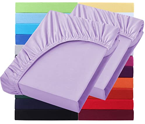 NatureMark Basic 2er Set Jersey Spannbettlaken 90 x 190 cm - 100 x 200 cm - 25 cm Steg - 100x200cm Spannbetttuch - 100% Baumwolle, Flieder/Lavendel