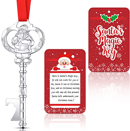 Christmas Santa Key for No Chimney Houses Metal Key Ornament Key Hanging Ornament Christmas Tree Ornament with Card for Xmas Tree House Kids Holiday Decoration (Silver)