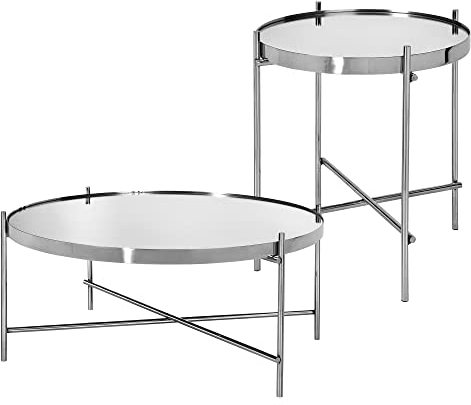 WOMO-DESIGN Couchtisch 2er Set Ø43x45 + Ø75x35 cm rund, Silber, Metall/Glas, Unikat, Modern, Wohnzimmertische mit Glasplatte und Metallgestell, Satztische Beistelltisch Glastisch Sofatisch Kaffeetisch