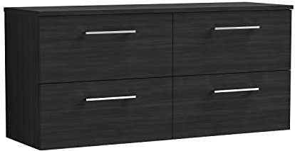 nuie ARN624W2 Arno Modern Bathroom Wall Hung 4 Drawer Double Vanity Unit with Colour Worktop, Woodgrain Charcoal Black