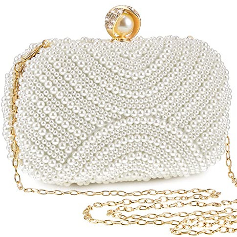 Xuhal Pearl Clutch Geldbörse Frauen Abendtasche Perlen Handtasche Künstliche Perlen Braut Geldbörse mit Kette für Hochzeit 1920er Jahre Party, Riemenart: Popup geschlossen