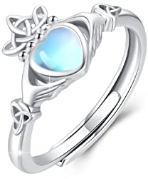 Claddagh Ring Damen 925 Sterling Silber Mondstein Irischer Ring Claddagh Herz Ring Verstellbar Offener Ringe Geschenk Schmuck für Damen (8#)