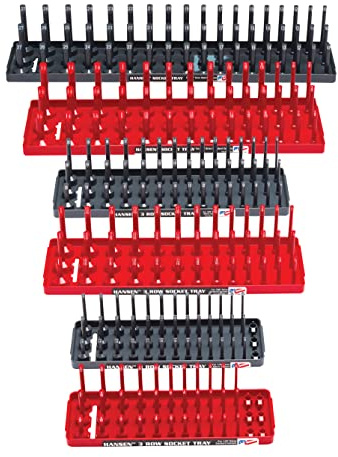 Hansen Global Socket Organizer Trays - SAE & Metric Socket Holder - 1/4-Inch, 3/8-Inch, 1/2-Inch Drive - 6 Trays Holds 261 Deep, Semi-Deep & Shallow Sockets - Red & Grey