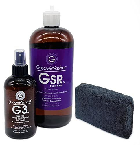 GrooveWasher Two-Step Record Cleaning Bundle – G3 Deep Cleaning Vinyl Record Fluid (8oz) + GSR Super Rinse (32oz) + Lg. Absorbent Microfiber Sponge, Complete 2-Step Kit for Tough to Clean LPs